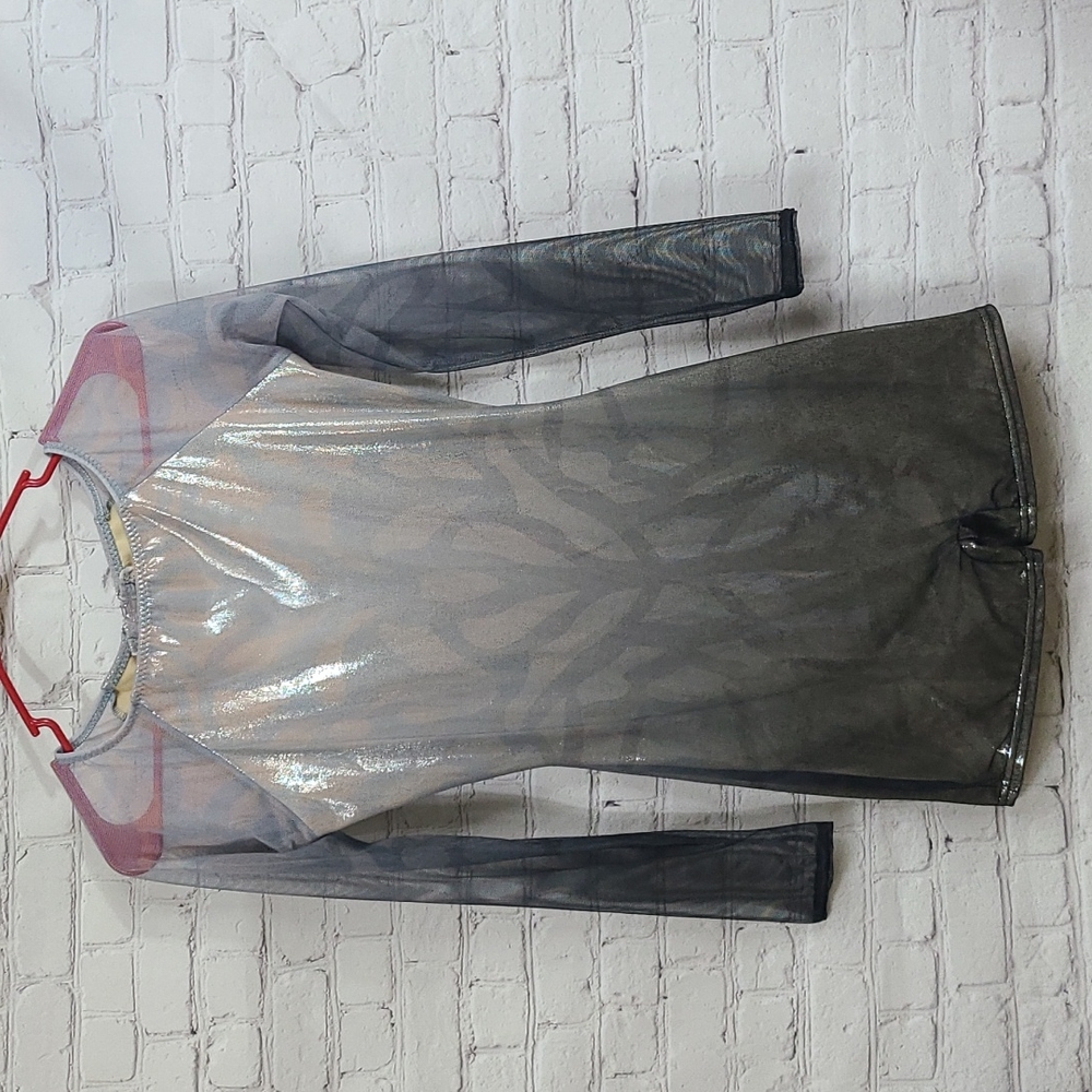 Curtain Call Costume Jazz  Acro Silver Foil Mesh Biketard Unitard Leotard AME